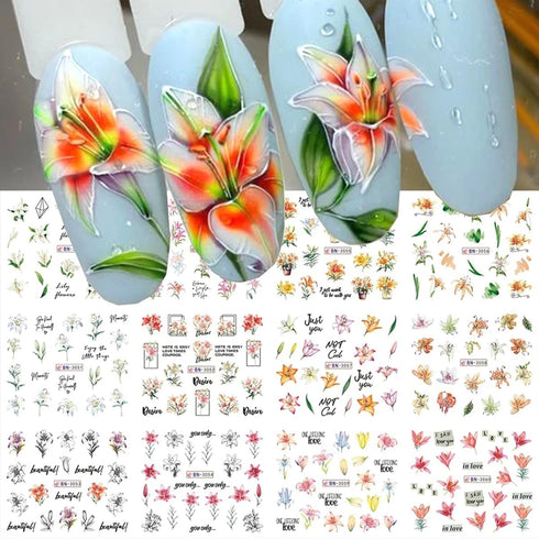 Flowers Nail Art Stickers 12 Sheets Spring Nail Decals Blooming Lily Floral Water Transfer Nail Stickers for Women Girls Summer Flower Nail Art Su...