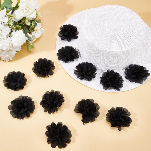 GORGECRAFT 12Pcs 3D Chiffon Flower Black Mesh Fabric Flowers Sewing Fabric Appliques Headband Embellishments Ornament Accessories Chiffon Lace Flo...