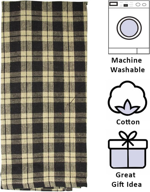 fillURbasket Black Farmhouse Kitchen Towels Set of 3 Striped Buffalo Checked Plaid Dish Towels Black and Tan Towels for Decor Dishing Drying Cotto...