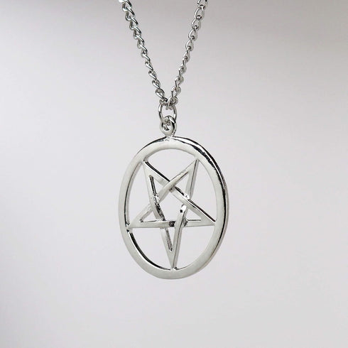 Inverted Pentacle Pentagram Satanic Polished Silver Finish Pendant Necklace...