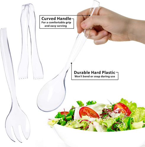 VeZee's Plastic Serving Utensils, Clear Heavy Duty Disposable utensil | Set 10" Spoons 10" Forks 6" Tongs | 6 Each in One Set| 18 Pcs...