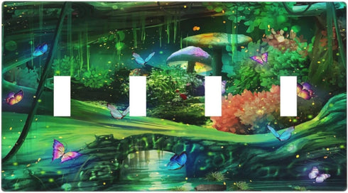 Decorative Switch Plate Covers Forest Spring Enchanted Fairy Wonderland Green Ground 4 Gang Device Light Switch Cover Quad Toggle Wall Plate Elect...