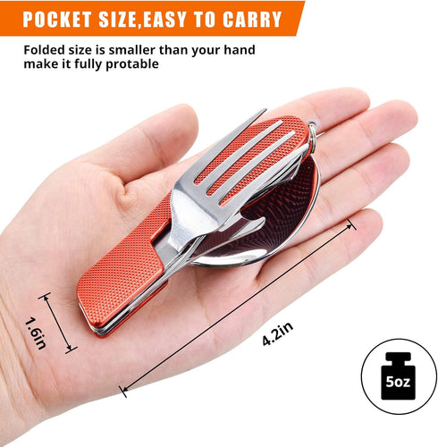 Camping Eating Utensils HIKENTURE 4-In-1 Stainless Steel Spoon Fork Knife Bottle Opener Set,Foldable Backpacking Cutlery for Traveling, Hiking, Bo...