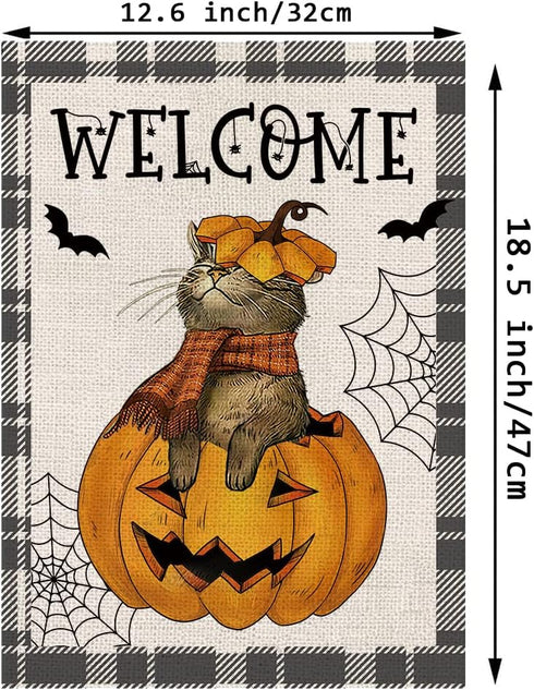 Halloween Garden Flag Cat Pumpkin Head Bat Buffalo Plaid Vertical Double Sided Flag Halloween Holiday Farmhouse Yard Lawn Outdoor Party Decor 12.5...