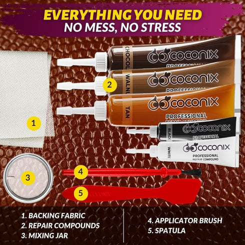 COCONIX Leather & Vinyl Repair Kit - Brown & Shades | Fix Tears, Holes, Scratches, and Peeling on Leather and Vinyl Furniture, Car Seats, and Jack...