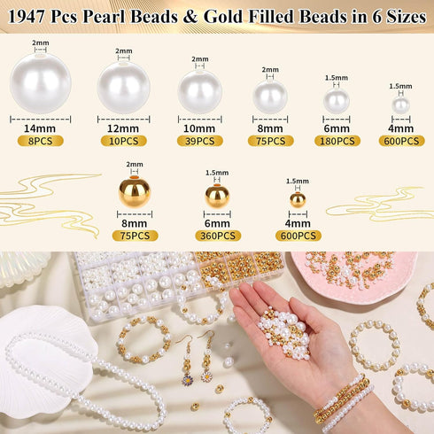 ROADPLUM 1947 Pcs Pearl Beads for Jewelry Making, White and Gold Beads for Crafts with Holes, Gold Filled Beads for Bracelets Making Kit, Multi-Si...