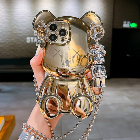 LANJINDENG Compatible with iPhone 15 Pro Case Kawaii 3D Gold Teddy Bear Luxury Design for Women Girls with Silver Metal Chain Strap Bell Pendant S...