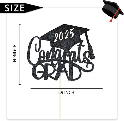 Black Glitter Congrats Grad 2025 Cake Topper with Graduation Cap- Congrats Grad Cake Topper- 2025 Graduation Party Decorations...