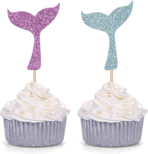 24 PCS Glitter Mermaid Tail Cupcake Toppers Kid's Themed Party Baby Shower Decors (Purple and Blue)...