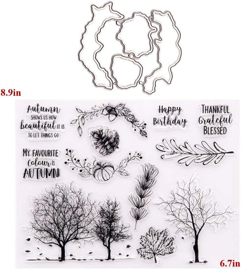LZBRDY 6.7 by 8.9 Inch Autumn Trees Leaves Pumpkin Fruit Clear Stamp and Die Set for Card Making and Scrapbooking Thanksgiving Silicone Stamps and...
