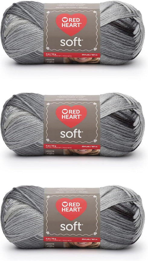 Red Heart Soft Grayscale Yarn - 3 Pack of 113g/4oz - Acrylic - 4 Medium (Worsted) - 256 Yards - Knitting/Crochet...