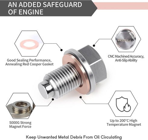 M12 x 1.25 Stainless Steel Engine Oil Drain Plug with Neodymium Magnet, Copper Crush Washer Replacement for Toyota, Lexus, Nissan, Infiniti...