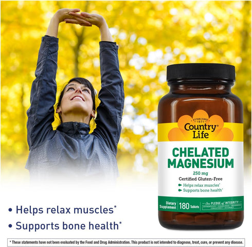 Country Life Chelated Magnesium 250mg - Supports Heart, Bone & Muscle Health, Vegan-Friendly Magnesium Supplement with Magnesium Oxide and Amino A...