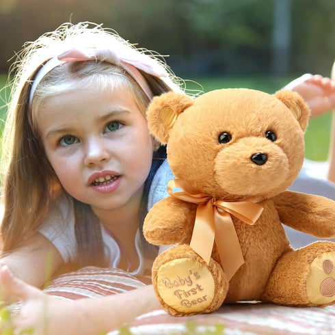 10 Inch Bear Stuffed Animal First Bear Baby Shower Bear Plush Toy for Wedding Birthday Baby Shower Party Favor Gift(Brown)...