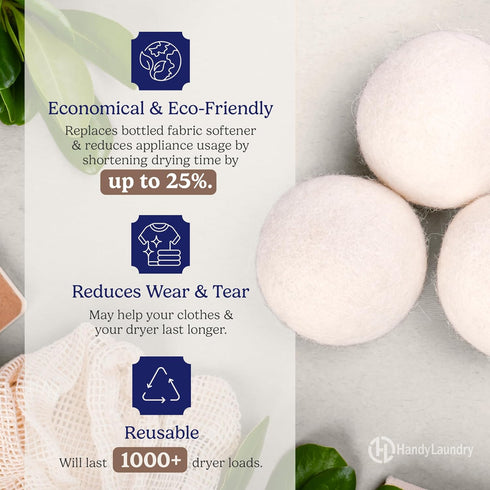 Handy Laundry Wool Dryer Balls - Natural Fabric Softener, Reusable, Reduces Clothing Wrinkles and Saves Drying Time, Better Alternative to Plastic...