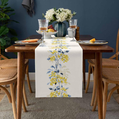 Spring Table Runner 90 Inches Long Summer Flower Wild Leaves Seasonal Runner for Tables Dining Room Blue White Yellow Floral Holiday Dinner Runner...