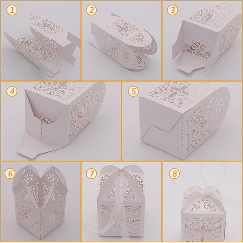 VIVIQUEN Baptism Favor Boxes, Laser Cut Cross Favor Boxes with 50 Ribbons for Baby Shower, Christening, Bomboniere Wedding Party Decorations (Pure...