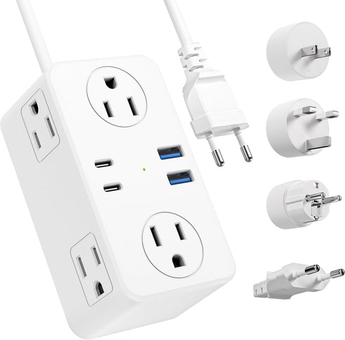 European Travel Plug Adapter, EU/UK/US Travel Plug Adapter Power Strip, 6 AC Outlets, 4 USB Ports (2 USB C), 3ft Wrapped Around Extension Cord, Co...