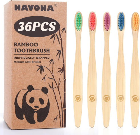 Navona 36 PCS Biodegradable Bamboo Toothbrushes, Individually Wrapped Bulk Toothbrushes, BPA Free Medium Soft Bristles Eco-Friendly, Natural Wood ...