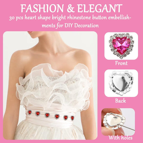 Rhinestones Buttons Embellishments, 30 Pcs Heart Rhinestones for Crafts Flatback Pearl Crystal Rhinestone Buttons for Sewing DIY Clothing Wedding ...