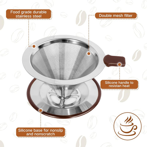 Pour Over Coffee Dripper?Reusable Stainless Steel Drip Cone Coffee Filter, Update Double Ultra Fine Micro Mesh Filter, Professional Paperless Drip...