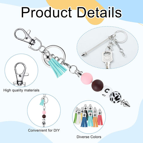 Huquary 20 Pcs Beadable Keychain Bar Set Including 10 Silver Alloy Blank Keychain 10 Leather Tassel Bulk, Keychain Making Supplies Pendant DIY Bea...