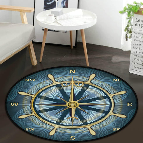 Blue Compass Rose Non-Slip Doormat Gold Nautical Theme Non-Slip Floor Mat Round Area Rug Carpet for Bedroom Living Room Study Playing Carpet, 2 ft...
