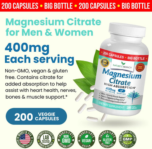 Magnesium Citrate 400mg - 200 Capsules - High Potency for Sleep, Leg Cramps, Extra Strength Absorption, Easy to Swallow Pills for Women & Men, Veg...