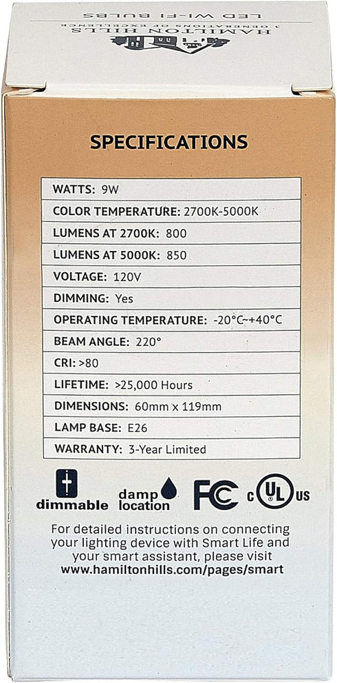 Hamilton Hills LED Smart Bulb - Smart Home Certified Standard Universal A19 E26 Dimmable Lightbulb WiFi Enabled No Hub Required Color Tunable 2700...