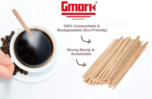 Gmark 5.5" Wood Coffee Stirrers (length 140mm, width 6mm, thick 1.3mm) 1000 ct - Natural Birch Wood Coffee Beverage Stirrers, Round End GM1014...