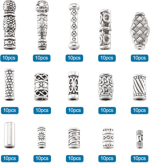 KISSITTY 150pcs/box 15 Style Antique Silver Tibetan Spacer Tube Beads Alloy Metal Charms for Bracelet Necklace Jewelry Making...