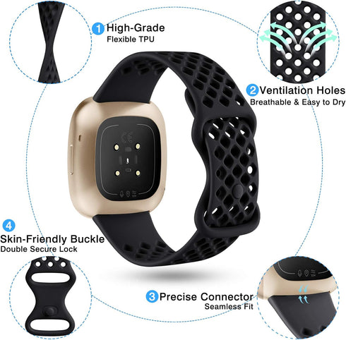 Maledan Compatible with Fitbit Sense Bands and Versa 3 / 4 Bands, Flexible Breathable Sport Waterproof Watch Strap for Women Men, Small Black/Plum...