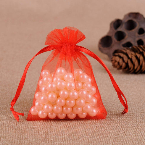 50 Pc 5x7 inch Gift Wrap Bags Red,Organza Sheer Fabric,Drawstring Glossy Pastel Treat Bags for Baby Shower Favor,House Party Favors,Bridal Shower ...