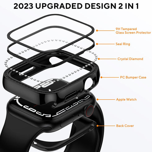 2 in 1 Bling Waterproof Case for Apple watch Series 8 7 45mm, 360 Protective PC Cover Front & Back Bumper with Tempered Glass Screen Protector, Cr...