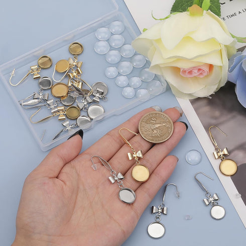 CHGCRAFT 8Pairs 4Styles Earrings Wire Hooks Blanks DIY Earring Making Kits Including Bowknot with Flat Round Transparent Glass Cabochons and Plast...