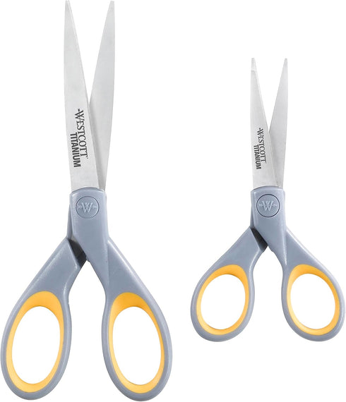 Westcott ?13824 7” & 5” Pointed Titanium-Bonded Crafting Scissors with Soft Handles, Gray/Yellow (2 Pack)...