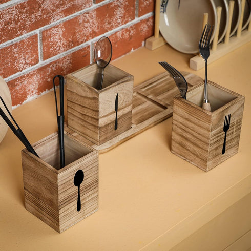 Kathfly 4 Pcs Silverware Caddy Utensil Holder for Countertop Silverware Organizer with Wood Tray Spoon Fork Holder for Kitchen Parties(Brown)...