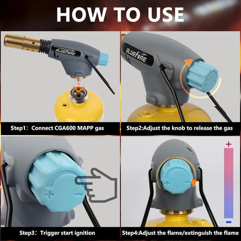 BLUEFIRE Handy Cyclone Torch Head Portable Brass Gas Torch Trigger Start Self-Ignition Nozzle Torch Fuel by MAPP MAP PRO Propane Gas Cylinder for ...