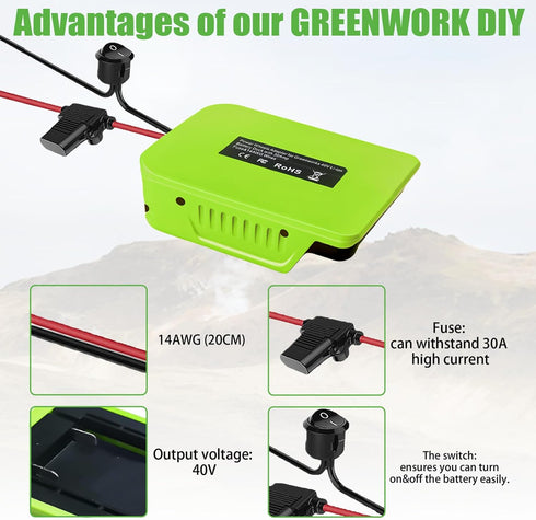 Power Wheel Adapter for Greenworks 40V Lithium-ion Battery with Fuse & Switch, with 14 Gauge Wire, Good Power Convertor for DIY Ride On Truck, Rob...