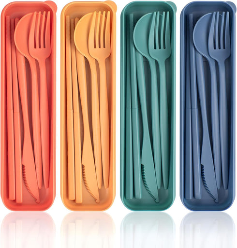 Reusable Utensils Set with Case, 4 Sets Portable Knives Spoons and Forks Chopsticks Travel Cutlery Set for Lunch Box Accessories, Plastic Camping ...