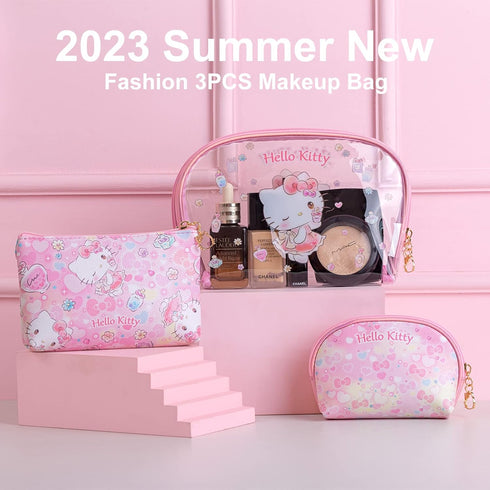 Cosmetic Big Makeup Bag Cosmetic Bag Travel Carrying Case Kitty Cat Toiletry Bag Lady Gift Valentine's Day Gift (HappyTime-3PCS) (HB-000)...