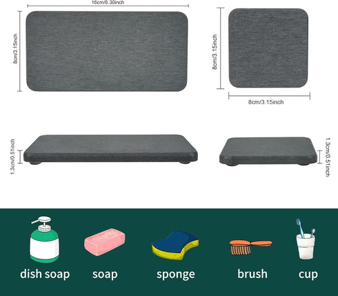 4-Set Water Absorbent Diatomite Earth Drying Mats - 2 Large & 2 Small Trays with Anti-Slip Pad, Sandpaper. Ideal for Kitchen Counter, Under Plants...