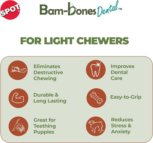 SPOT Bam-Bones Dental Bone - Made with Bamboo Fiber and a Massaging Rubber Center, Durable Oral Care Dog Chew for Light Chewers & Teething Puppies...