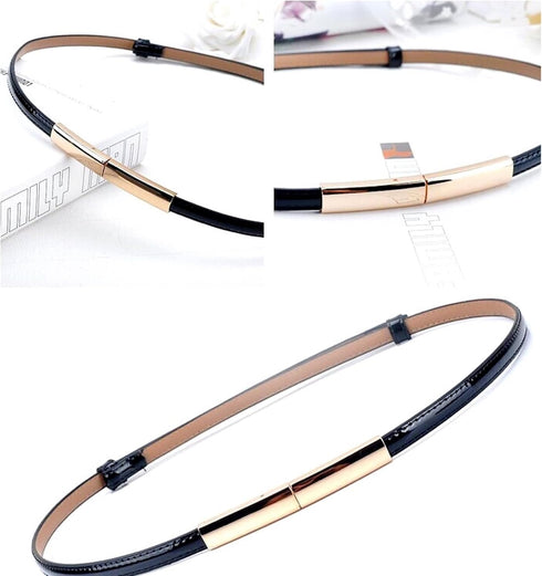 Women's Belt Dress Fashion Patent Leather Belts Adjustable Skinny Slim Belt Genuine Leather Gold Color Buckle Waistband...