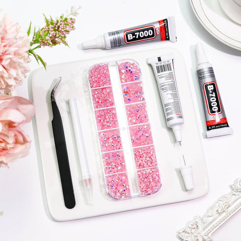 B7000 Glue with Light Pink AB Rhinestones for Crafts Clothes Shoes Fabric, 4000PCS Flatback Rhinestone for Nails Face Tumblers, Glue Fix Gems Beje...
