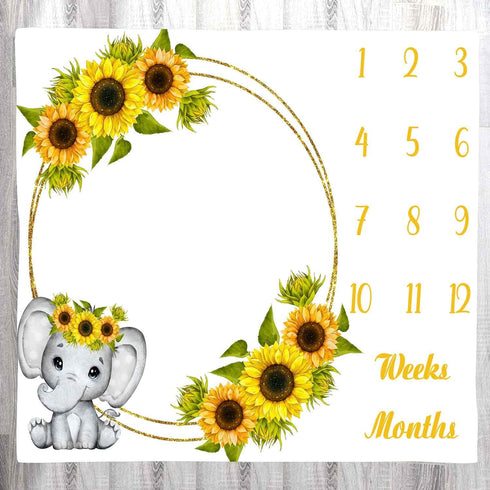 Sunflower Baby Age Blanket, Cartoon Elephant White Baby Growth Chart Memory Blanket, 48x40 Inch Newborn Swaddling Blanket Monthly Baby Milestone B...