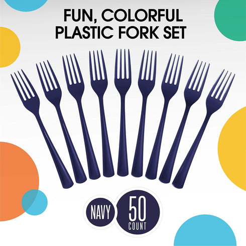 Disposable Navy Plastic Forks 50 Pcs - Heavy Duty Navy Plastic Disposable Cutlery - Navy Disposable Flatware, Navy Plastic Silverware, Plastic For...