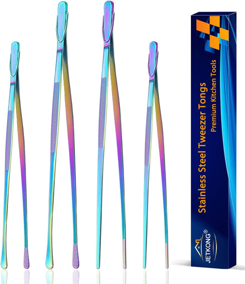 JETKONG 4 Pcs Kitchen Tweezers, 12'' and 10'' Stainless Steel Cooking Tweezers Set, High-Precision Tweezers Tongs for Cooking, Repairing, Seafood ...