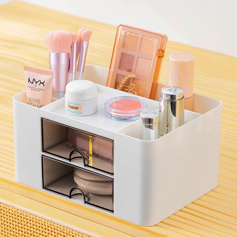 Desk Organizer with 2 Drawers, Pencil Pen Holder for Desk, Cute Desk Accessories with Plastic, Office Supplies for Countop, White...