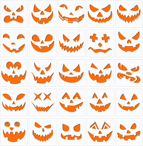 25 Pcs Halloween Pumpkins Face Stencils, Decorative Painting Stencils Reusable Plastic Drawing Template for DIY Pumpkin Carving, Wood, Walls Art D...